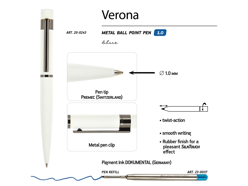 Ручка Verona шариковая автоматическая, белый металлический корпус, 1.0 мм, синяя Ручка Verona шариковая автоматическая, белый металлический корпус, 1.0 мм, синяя