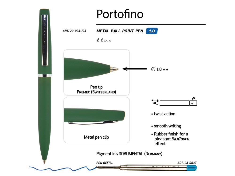 Ручка Portofino шариковая автоматическая, зеленый металлический корпус, 1.0 мм, синяя Ручка Portofino шариковая автоматическая, зеленый металлический корпус, 1.0 мм, синяя