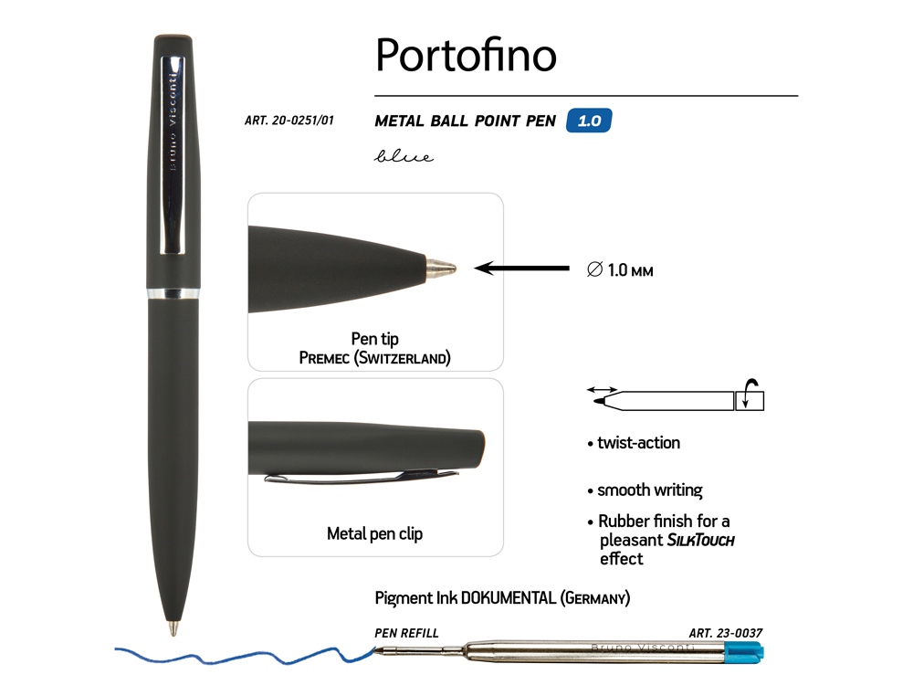 Ручка Portofino шариковая автоматическая, черный металлический корпус, 1,0 мм, синяя Ручка Portofino шариковая автоматическая, черный металлический корпус, 1,0 мм, синяя