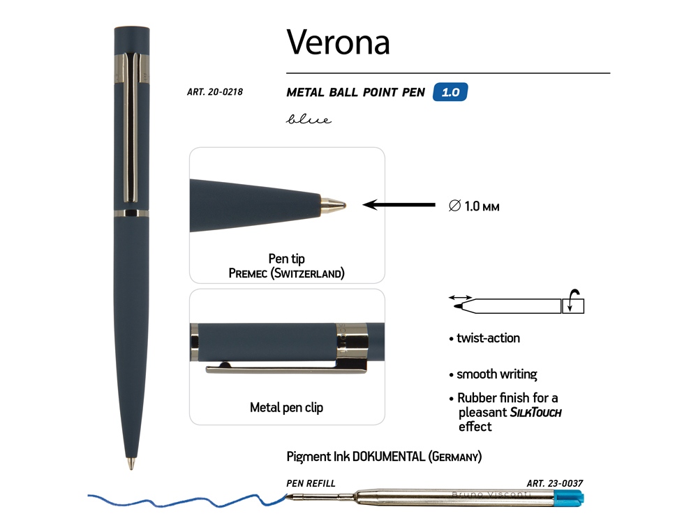 Ручка Verona шариковая автоматическая, синий металлический корпус 1.0 мм, синяя Ручка Verona шариковая автоматическая, синий металлический корпус 1.0 мм, синяя