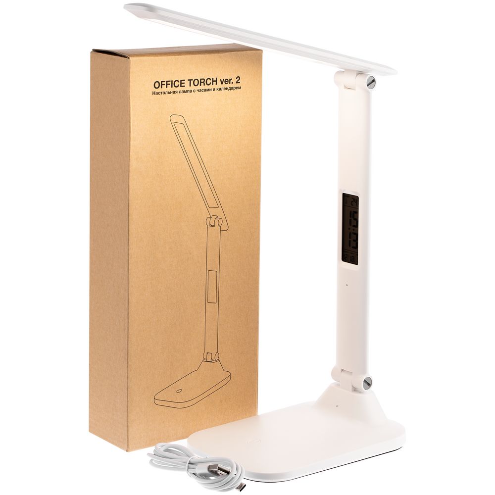 Настольная лампа с часами и календарем Office Torch ver.2, белая Настольная лампа с часами и календарем Office Torch ver.2, белая