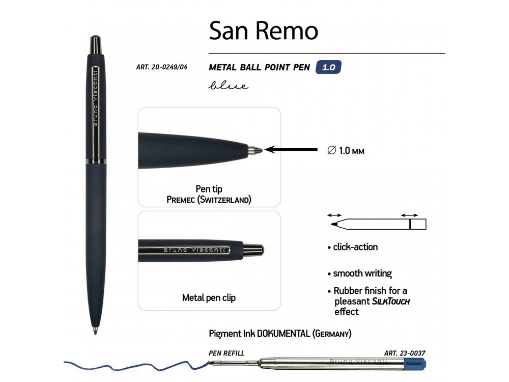Ручка SAN REMO шариковая, автоматическая, темно-синий металлический корпус 1.00 мм, синяя Ручка SAN REMO шариковая, автоматическая, темно-синий металлический корпус 1.00 мм, синяя
