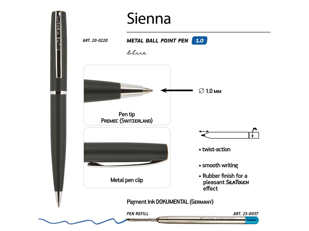 Ручка Sienna шариковая автоматическая, черный металлический корпус, 1.0 мм, синяя Ручка Sienna шариковая автоматическая, черный металлический корпус, 1.0 мм, синяя