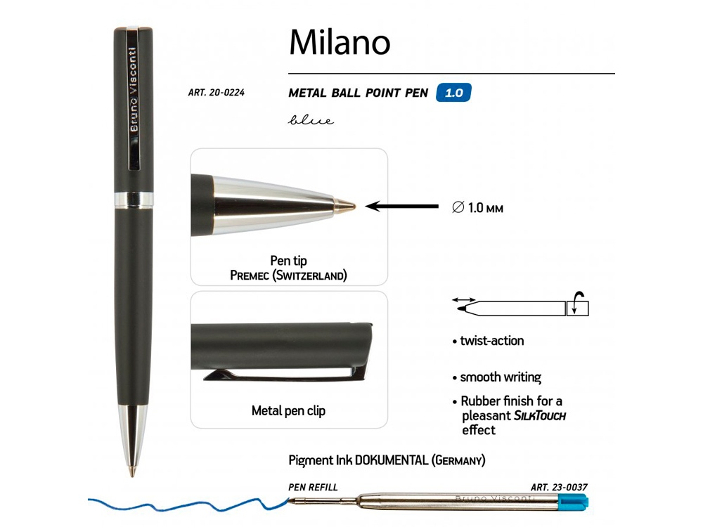 Ручка шариковая автоматическая BrunoVisconti® MILANO цвет корпуса черный, 1 мм Ручка шариковая автоматическая BrunoVisconti® MILANO цвет корпуса черный, 1 мм