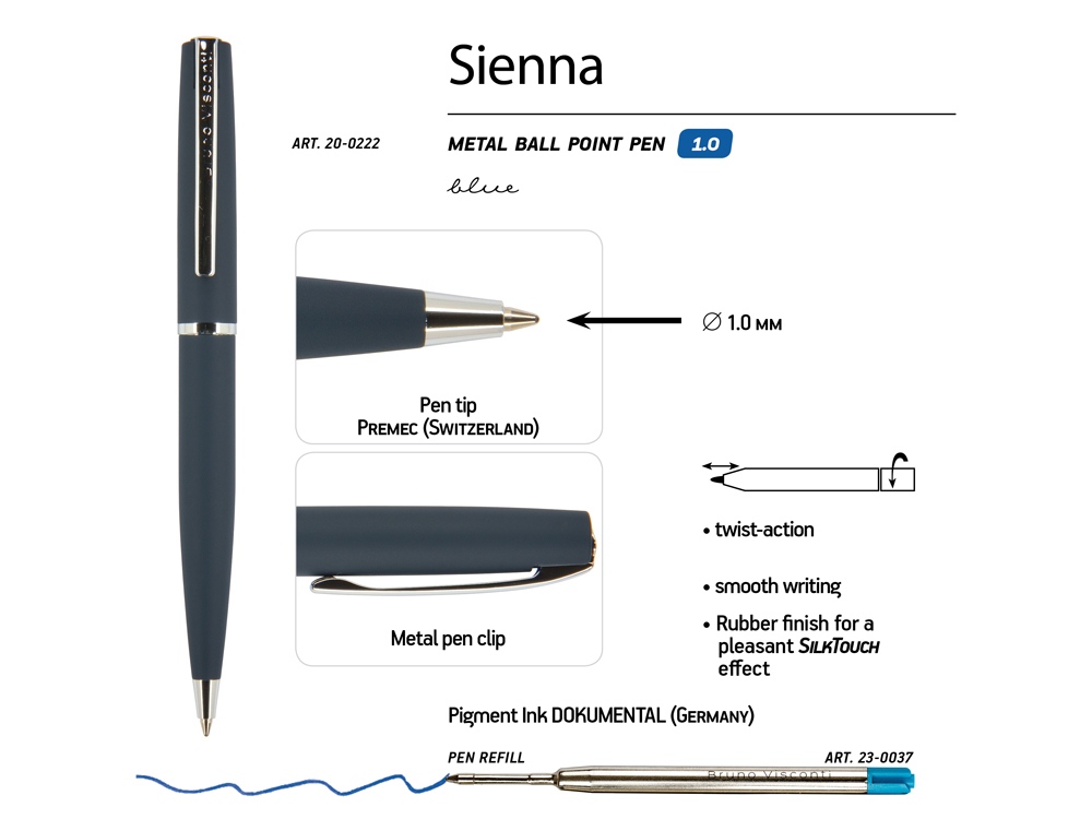 Ручка Sienna шариковая автоматическая, синий металлический корпус, 1.0 мм, синяя Ручка Sienna шариковая автоматическая, синий металлический корпус, 1.0 мм, синяя