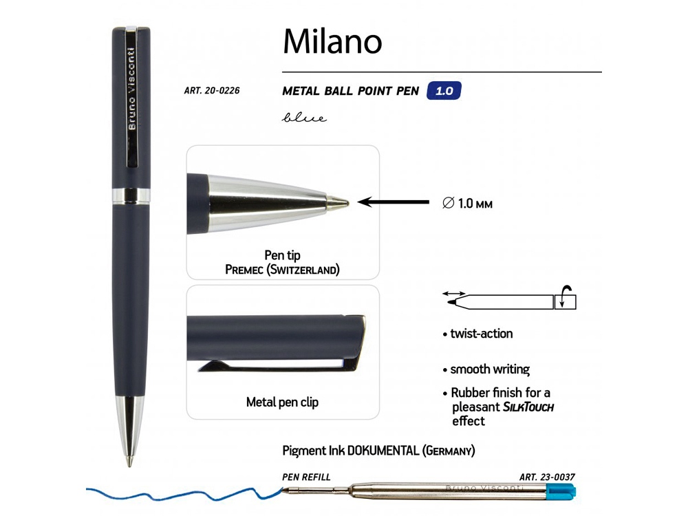Ручка шариковая автоматическая BrunoVisconti® MILANO цвет корпуса синий, 1 мм Ручка шариковая автоматическая BrunoVisconti® MILANO цвет корпуса синий, 1 мм