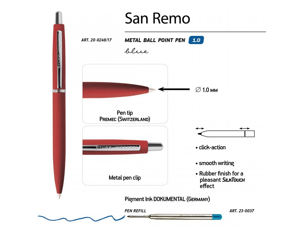 Ручка SAN REMO шариковая, автоматическая, красный металлический корпус 1.00 мм, синяя Ручка SAN REMO шариковая, автоматическая, красный металлический корпус 1.00 мм, синяя