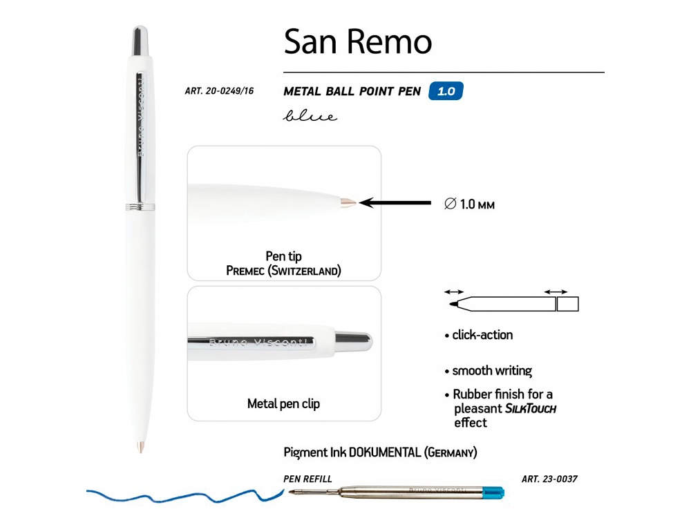 Ручка SAN REMO шариковая, автоматическая, белый металлический корпус 1.00 мм, синяя Ручка SAN REMO шариковая, автоматическая, белый металлический корпус 1.00 мм, синяя
