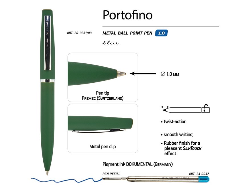 Ручка Portofino шариковая  автоматическая, зеленый металлический корпус, 1.0 мм, синяя