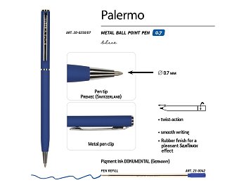 Ручка Palermo шариковая  автоматическая, синий металлический корпус, 0,7 мм, синяя