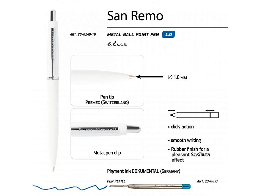Ручка SAN REMO шариковая, автоматическая, белый металлический корпус 1.00 мм, синяя